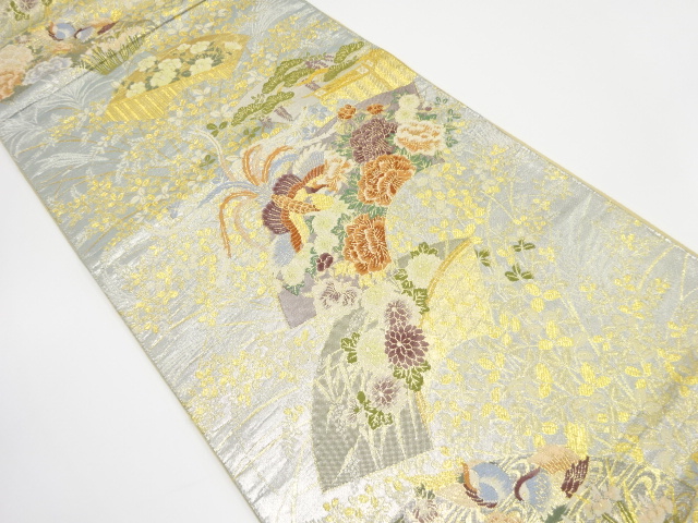 地紙に鳳凰・草花模様織り出し　袋帯